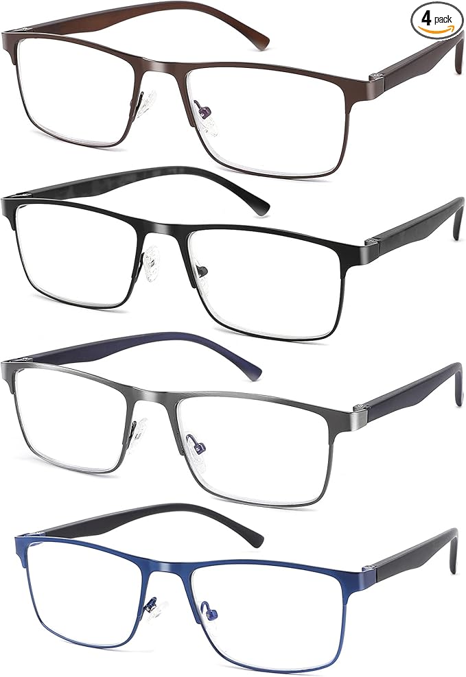 4-Pack Blue Light Blocking Reading Glasses for Men Stylish Metal Frame Readers with Comfort Spring Hinges Anti Glare UV Filter Eyeglasses, +2.25 STRENGTH