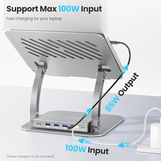 tounee Laptop Stand with Detachable USB-C Hub, 100W PD Charging, 4K@60Hz HDMI, 3 USB Ports, Ergonomic Laptop Holder Docking Station for 10-17" Laptops, MacBook & More - Silver