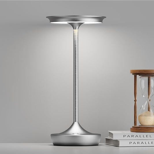 LED Cordless Table Lamp Rechargeable - Outdoor 6000mAh Battery Operated Portable Table Lights 3 Color Stepless Dimming Table Lamps with Memory Function for Patio Restaurant Dining Silver