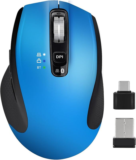 Wireless Mouse with Bluetooth, USB A, USB C Receiver, Rechargeable, Full Size Mouse, Ergonomic, Silent, for MacBook/Laptop/Computer/PC/iPad-Blue