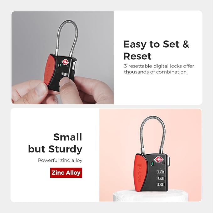 pack all TSA Approved Cable Luggage Locks, 3 Digit Combination Padlocks, Travel Lock for Suitcases & Bag, Alloy Body, Travel Accessories (1 Pack)（Red）