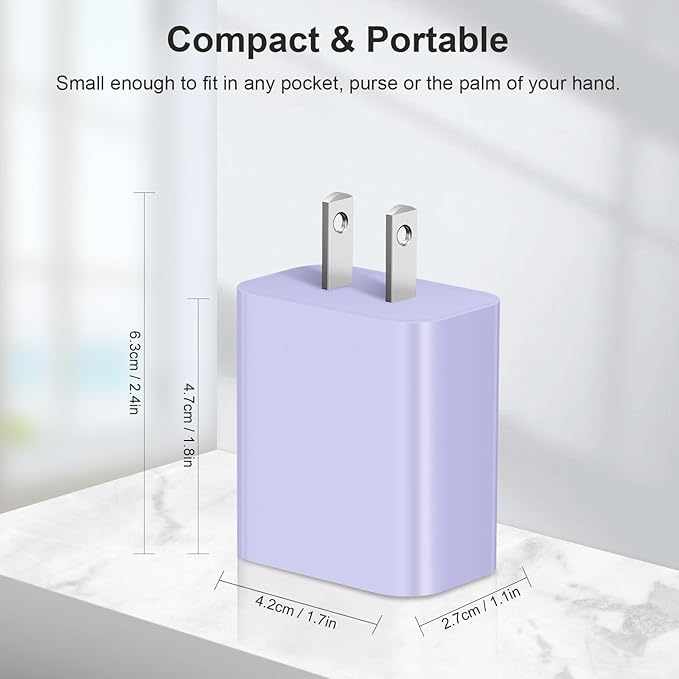 [4 Pack] USB C Charger Block Charging Block Type C Charger 20W Wall Chargers for iPhone Air/17/17 Plus/17 Pro/17 Pro Max/16/16 Plus/16 Pro/16 Pro Max/15/15 Pro/15 Pro Max/14/13/12 Pro/Samsung(Purple)