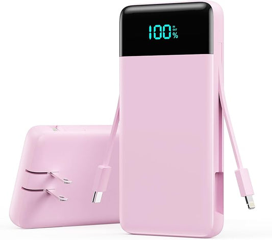 Portable Charger 13800mAh Power Bank with Built-in Cables,LCD Display Fast Charging USB C Battery Pack,4 Outputs Travel Essential Portable Phone Charger for iPhone 16/15/14/13,Android(Sakura Pink)