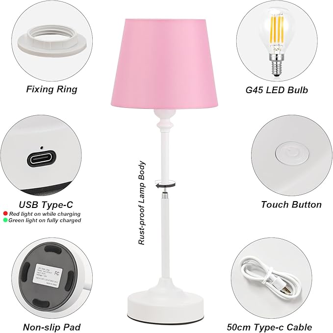 Cordless Table Lamps Rechargeable Set - 2 Pack White 4000mAH Battery Operated Lamps for Decor, 3000K Stepless Dimming Touch Control Wireless Lamps for Bedroom, Dining Table, Living Room, Pink Shade