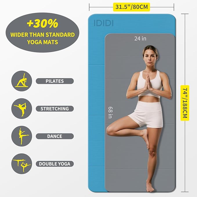 8mm Extra Large Foldable Yoga & Fitness Mat(74" x 31.5" x 0.32"), Double-Sided Non Slip & Lightweight Pilates Mat, Thick Wide Exercise Mats for Woman Man Kids, Portable Workout Mats for Travel, Studio or Home Use