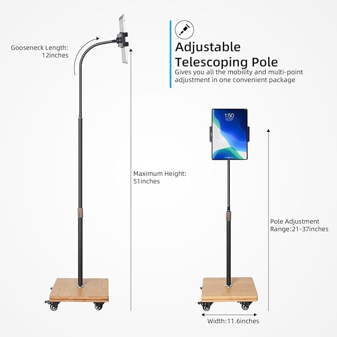 wishacc Tablet Floor Stand for Bed - Gooseneck Tablet Holder Mount with Adjustable Height and 4 Wheels, Compatible with iPad mini Air Pro 12.9/9.7, Galaxy Tab, Kindle, Cell Phones (4.7"-13")