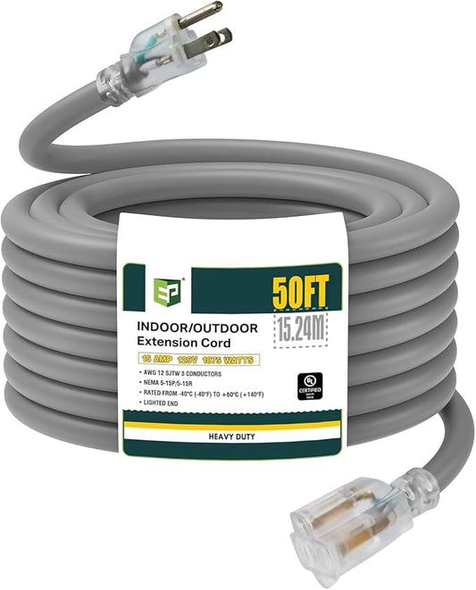 EP 50 Ft Lighted Outdoor Extension Cord - 12/3 SJTW Heavy Duty Grey Extension Cable with 3 Prong Grounded Plug - Power Cord for Lawn, Garden, Appliances