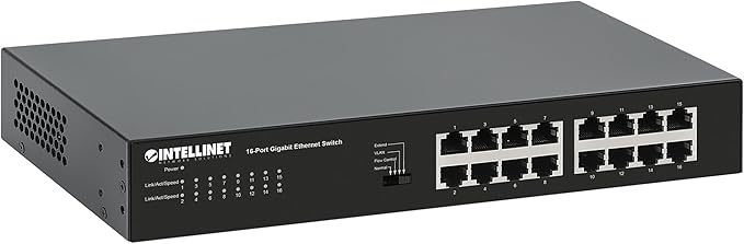 Intellinet 16 Port Gigabit Ethernet Switch – 10 / 100 / 1000 Mbps – Unmanaged,Metal Housing, Fanless Quiet, Long Distance, VLAN & Extend Mode – for Computer Desktop Networking-3 Yr Mfg Warranty–561815