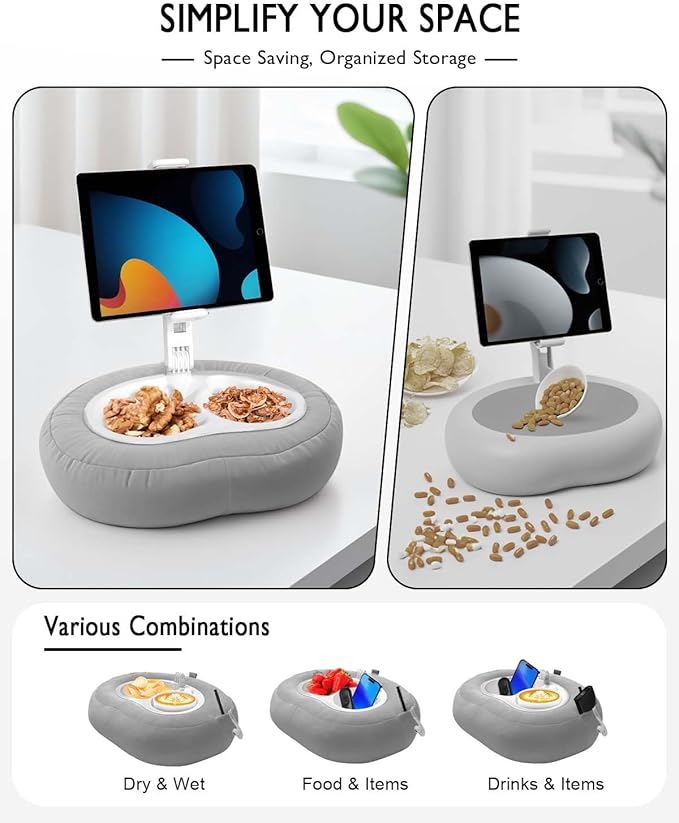 Tablet Pillow Stand, Compatible with 5"-12.9" Kindle, iPad, Phone/Tablet, Google, Samsung, 360° Rotating Phone Holder for Bed, Soft Plush Fabric, Detachable Bowl, Reading and Relaxation on Bed, Gray