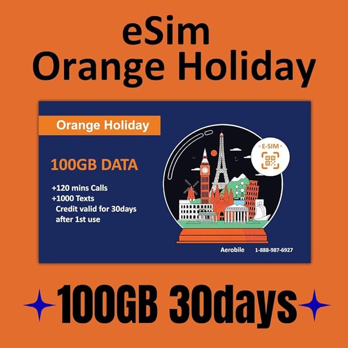 Orange Holiday Europe Prepaid eSIM 100GB Internet Data | 30 Days-Use | Data tethering Allowed | 120min & 1000 SMS from Europe to Any Country Worldwide