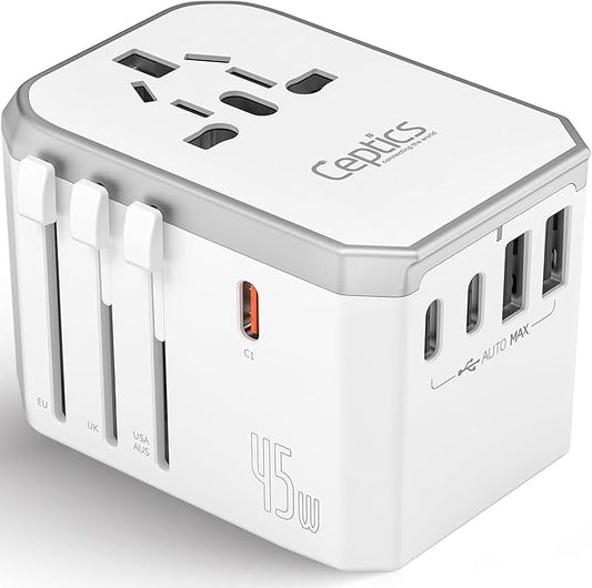 Ceptics 6-in-1 Universal Travel Adapter with 2X USB-A and 3X USB-C, 45W for Global Use, Compatible with US, EU, UK & More, White