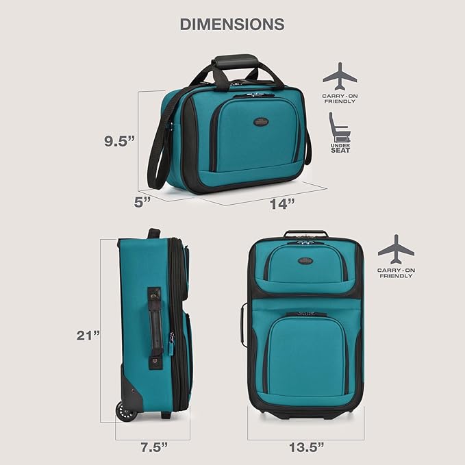 U.S. Traveler Rio Fabric Expandable Carry-on Luggage, Rolling Suitcase, Teal, 2 Wheel Set