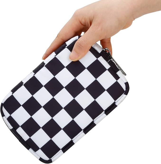 E-Tree Cute Small Makeup Bag, Cosmetic Toiletry Skin Care Make up Little Items Pouch for Purse,Zipper Mini Tech Charger Cable Electronic Organizer Case,Travel Accessories for Women Men Teen,Checkered