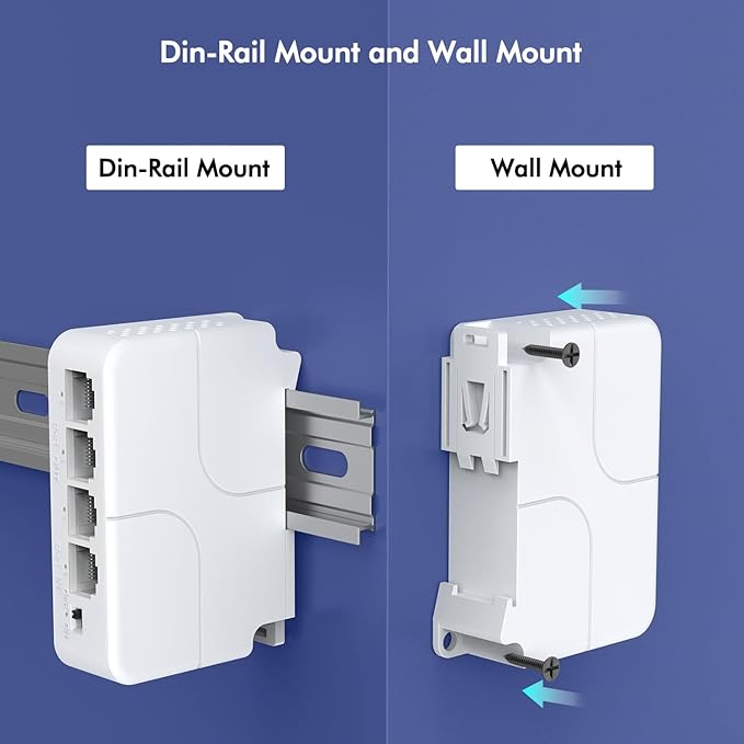 YuanLey 4 Port PoE Extender with 3 PoE Out, IEEE 802.3af/at Mini 4 Channel Repeater 100Mbps, Wall and Din Rail Mount Passthrough Switch/Booster, Plug and Play