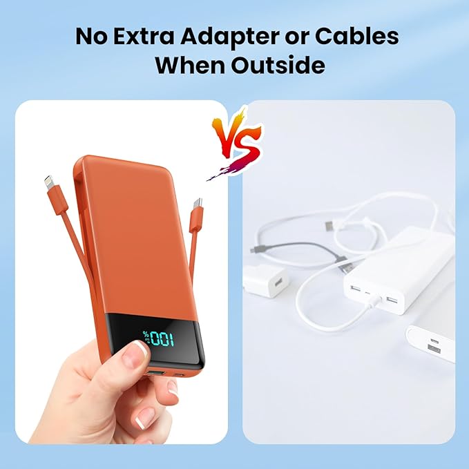AONIMI Portable Charger 13800mAh Power Bank with Built-in Cables,LCD Display Fast Charging USB C Battery Pack,4 Outputs Travel Essential Portable Phone Charger for iPhone 16/15/14/13,Android (Orange)