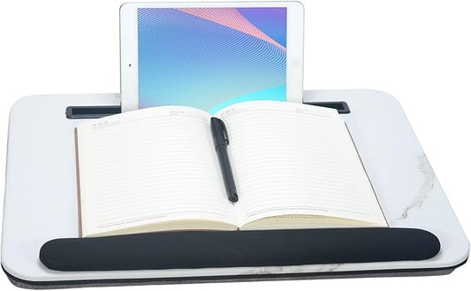 Portable Laptop Desk Fits Up to 16“ Laptops, with Tablet Slot, Built-in Cushion, Great for Home & Office,Lap Desk for Laptop,Lap Desk with Cushion (White Marble with Wrist Rest, Medium)
