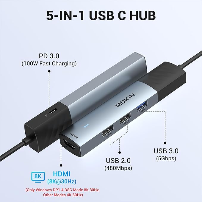 MOKiN USB C Hub, 5 in 1 USB CMultiport Adapter 8K HDMI(DP1.4 with DSC), 100W PD, 3 USB-A Data Ports, USBC Dongle for MacBook Pro/Air, iPad Pro, iMac, iPhone 15 Pro/Pro Max,XPS, Dell, Lenovo