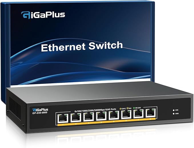 8 Ports 5Gb Unmanaged Ethernet Switch with 8*5G Base-T Ports. GiGaPlus 5Gbps Network Switch for 5Gbe NAS/PC, 5Gbps Adapter/NIC, WiFi7 Router, Desktop/19-inch Rack Mount