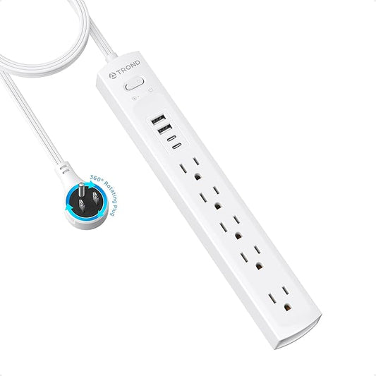 TROND Surge Protector Power Strip with 360° Rotating Flat Plug, 5 Widely Spaced Outlets with 2 USB C and 2 USB A, 1440J Surge Protector, Wall Mountable, Extension Cord 6ft for Home Office Dorm, White