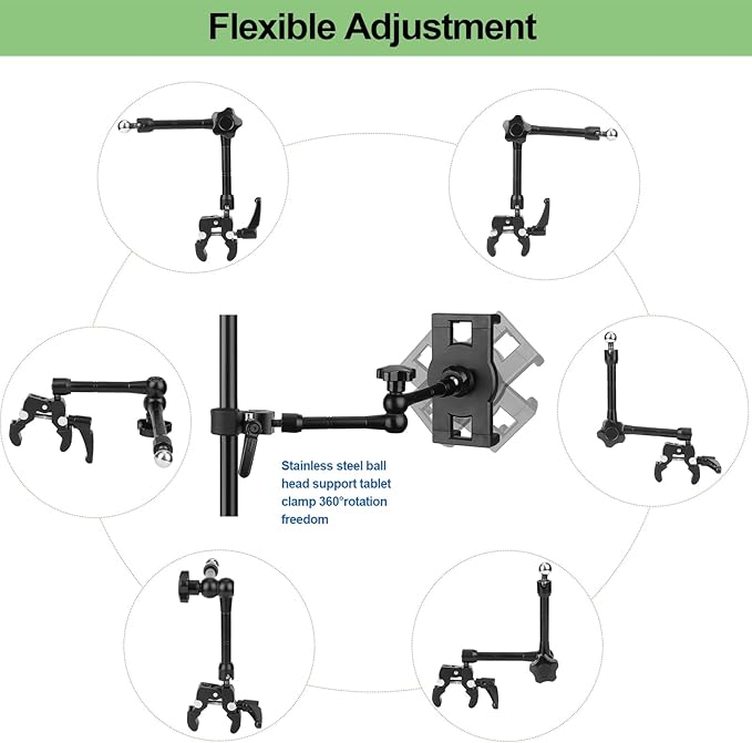 iPad Holder for Microphone Stand/Mic Music Stand,Tablet Mount Compatible with 4.7~12.9" / Nexus/LG G Pads/e-Reader/Switch/iPhone,360° Adjustable 10" Long Aluminum Alloy Arm