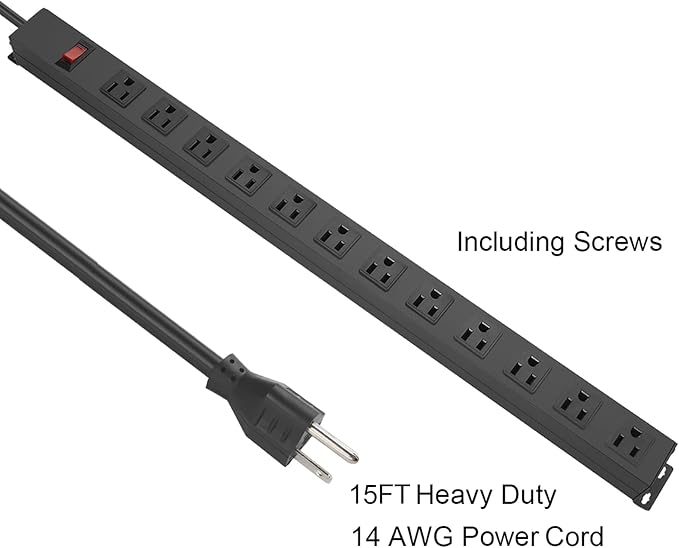 HHSOET Aluminum Wall Mount Power Strip - 12 AC Outlets, 15 FT Cord, 15A 125V Switch