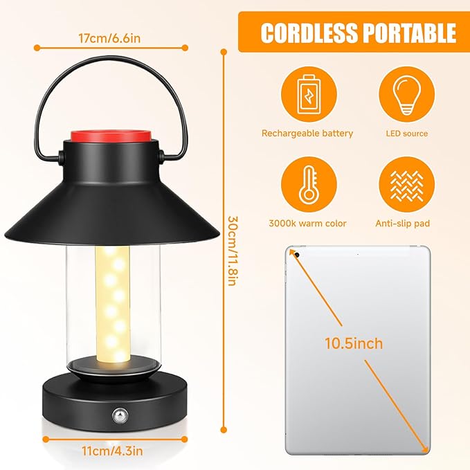 LED Cordless Table Lamp, Portable Metal Rechargeable Outdoor Table Lamp, Touch Dimming Lamp Battery Powered Small Desk Lamp Decor for Patio, Bar, Coffee Shop,Camping Lantern - Black