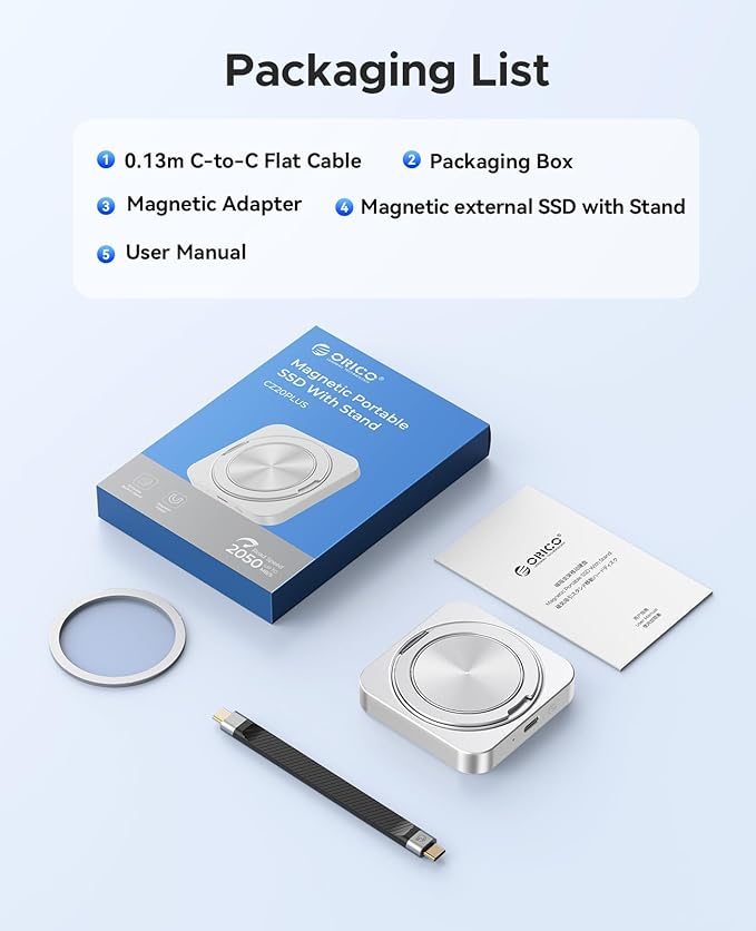 ORICO 1TB Magnetic External SSD with Kickstand, Up to 2000MB/s, 4K ProRes HDR Record and Store, Aluminum Alloy, MagSafe Portable SSD for iPhone 16 Pro Max, Tablet, Computer - CZ20PLUS