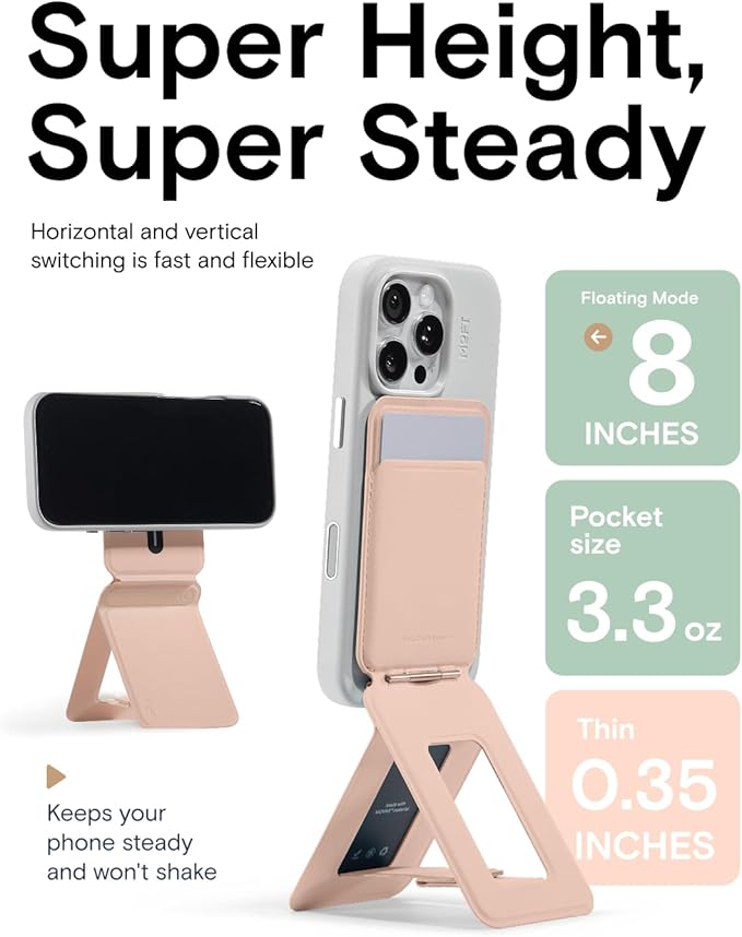 MOFT Phone Tripod Wallet for iPhone, Mulit-Angles, Lightweight & Portable Phone Stand, MOVAS Vegan Leather Magnetic Wallet, Strong Magnets, NFC Card Holder,Travel Essential, Peach pink(With Card Slot)