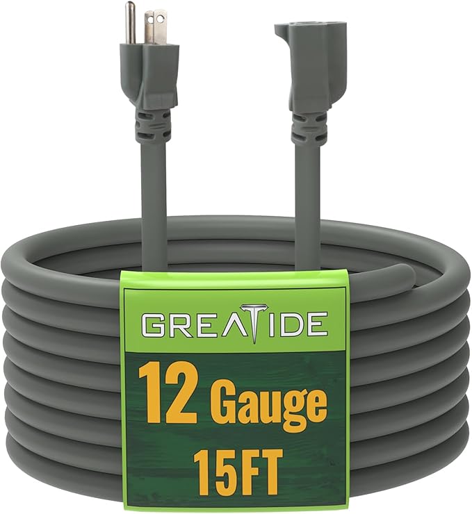 15 Ft Outdoor Extension Cord - 12/3 SJTW Heavy Duty Grey Extension Cable with 3 Prong Grounded Plug - Power Cord for Lawn, Garden, Appliances