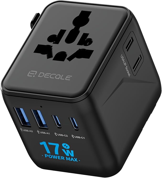 Universal Travel Adapter, International Travel Plug Adapter with 2 USB-C ＆ 2 USB-A Ports, with Extra 2 Prong AC Outlet All in One Portable Socket, for USA, UK, EU, AU ＆ 224+ Countries (Black)