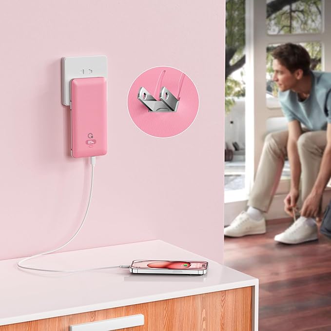 Brand Q 10000mAh Portable Charger with Built-in Cables and AC Wall Plug, USB C Fast Charging Power Bank with 3 Cords,5 Output External Battery Pack Compatible with iPhone,Tablet and All Smart Phones