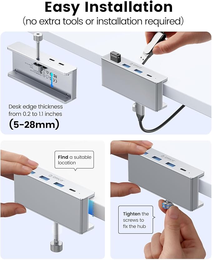 ORICO USB Hub 3.0, Clamp USB Hub with Extra Power Port, 3 USB-A Data Ports, USB-C Port for Monitors, Desks(Silver)