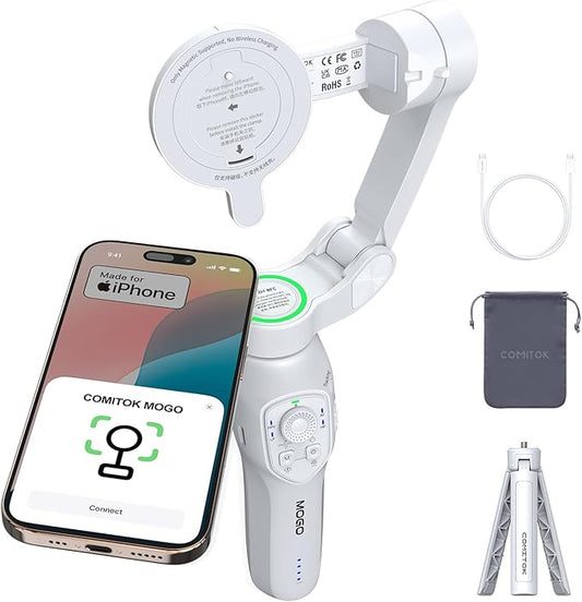 COMITOK MOGO Only for iPhone, Gimbal Stabilizer for iPhone, [MFi Certified] Phone Gimbal with 360 Degree Face Tracking for Video Recording, NFC Pair and Magnetic Mount for iPhone 16 15 Pro Max