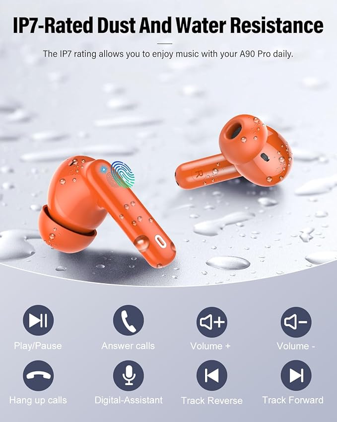 Wireless Earbuds, Bluetooth 5.4 Headphones Bass Stereo, Ear Buds with Noise Cancelling Mic, LED Display in Ear Earphones Clear Calls, IP7 Waterproof Bluetooth Earbuds for Laptop/Phones/Sports, Orange
