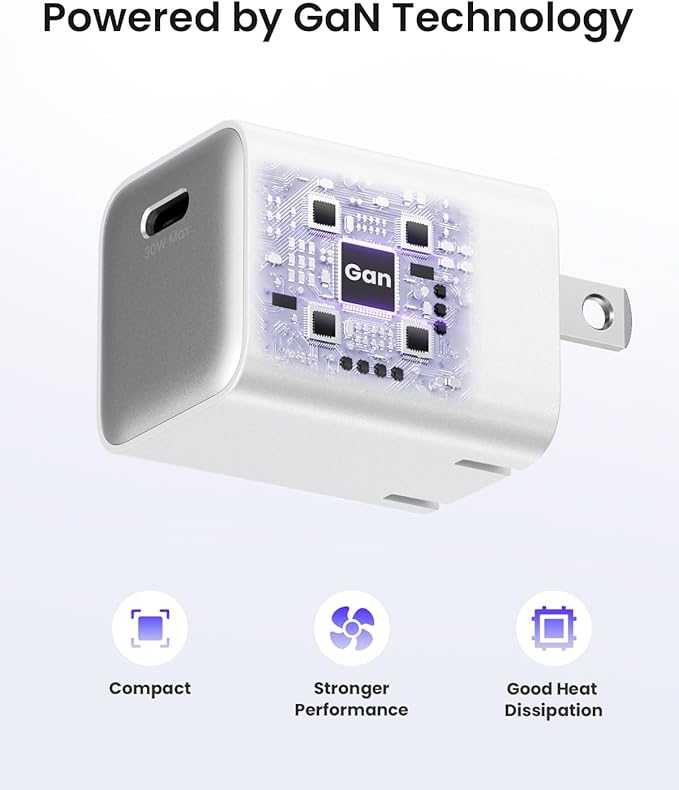 30W USB C Charger Block, Compact Wall Charger with GaN III Tech, PD3.0 PPS QC4.0 Fast Foldable Charger for iPhone 16 15, Galaxy, Pixel, iPad, AirPods,MacBook Air, ETL Certified