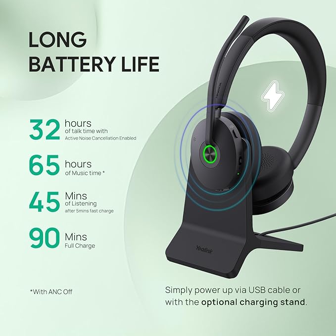 Yealink BH74 Active Noise Canceling Wireless Headset with Mic for Work, 6-mics Hybrid ANC Tech, Microsoft Teams Premium Open Ofﬁce Certified Headsets Bluetooth 5.3, up to 32h Talking, UC Compatible