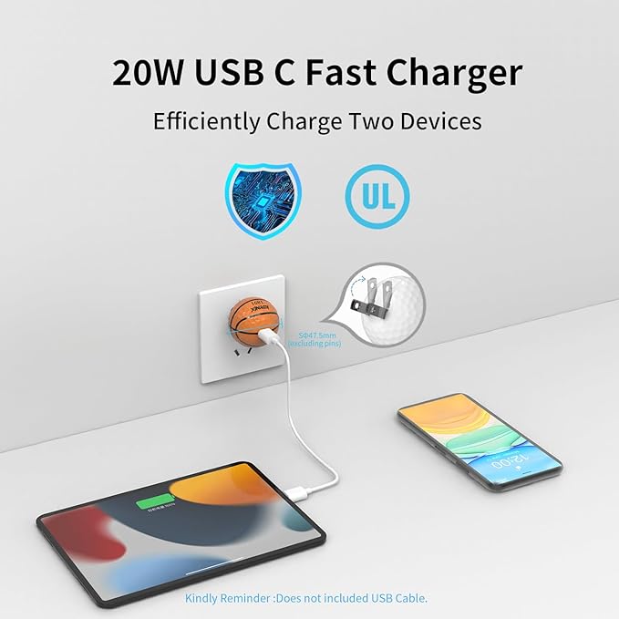 USB C Charger Block 20W，Creative Golf Ball Type C Wall Charger，GaN III Power Adapter with UL Certified，Fast Charging for iPhone 16/15 Series, Galaxy, Google Pixel,iPad,AirPods