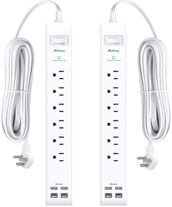 2 Pack Power Strip Surge Protector, Flat Plug Extension Cord with 4 USB Ports(2 USB-C) 6 AC Outlets, USB Charging Station, Wall Mountable for Home, Office, Dorm Essentials, 1080J, ETL Listed