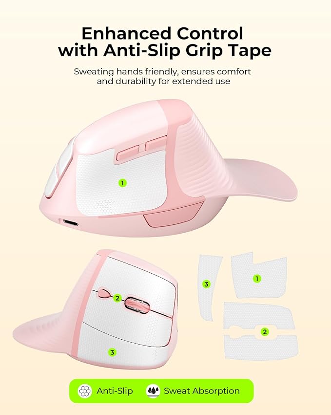 seenda Ergonomic Mouse Rechargeable, 2.4G USB & Type C Vertical Wireless Ergo Mouse with Instant Desktop Return Key, Quiet Click, Palm Rest, Anti-Slip Optical Mice for Mac OS, Windows, Pink