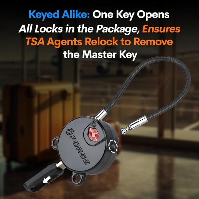 Forge TSA Approved Luggage Locks Ultra-Secure Dimple Key Cable Locks for Travel with Zinc Alloy Body- 6 Black Locks