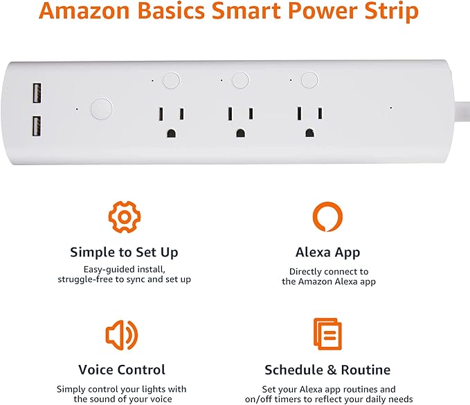 Amazon Basics Smart Plug Power Strip with 3 Individually Controlled Outlets and 2 USB-A Ports, Works with Alexa Only, 2.4 GHz Wi-Fi, No Hub Required, White
