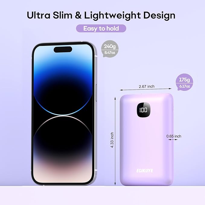 Portable Charger 10000mAh Power Bank with Digital Display, External Battery Pack with Built-in Cables, Ultra-Compact USB-C in&Out Travel Essential for iPhone, Android, Samsung etc (Purple)