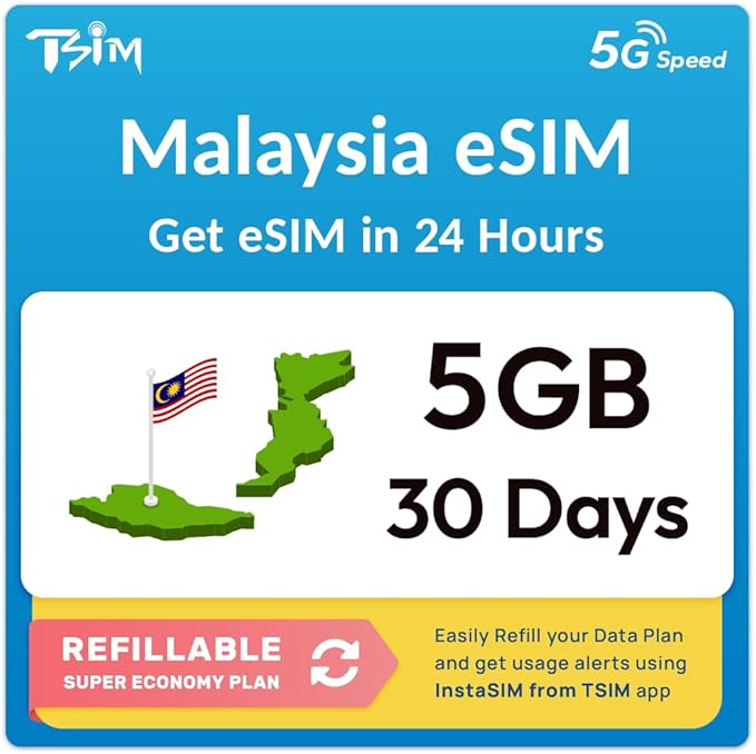 Malaysia eSIM | 5GB Super Economy Refillable Plan! QR Code Sent via Email in 24Hrs - Scan & Use Immediately | Auto Activating 30 Day Validity | Hotspot Allowed | Data-Only No Phone Number