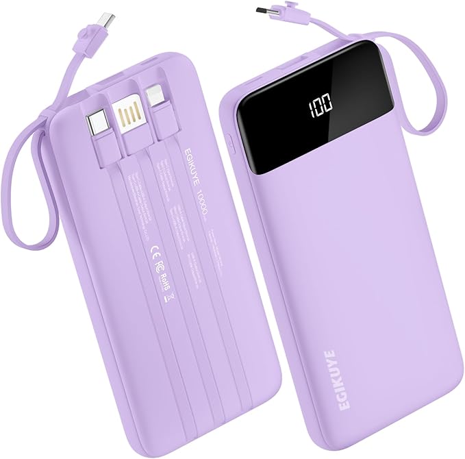 Power Bank 10000mAh Portable Charger with 4 Built-in Cables, Type-C in & Out Phone Charger, External Battery Charger Pack & Travel Essential for iPhone 16/15/14, Samsung, iPad, Android