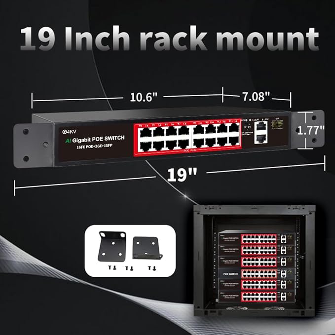 PoE Switch with 16 POE Ports +2 Gigabit Uplink,1 x 1.25G SFP,802.3af/at PoE+ 100Mbps, 240W Built-in Power, Extend to 250Meter,Unmanaged Metal Plug and Play