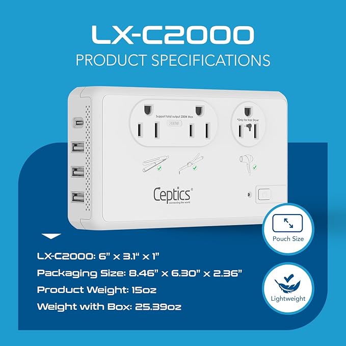 Ceptics 2000W Travel Voltage Converter for Hair Dryer & 200W Convert 220V to 110V for Curling Iron, Straightener, Chargers, Step Down World Power 4 USB Charging QC 3.0 SWadApt Type A, B, C, E/F, G, I