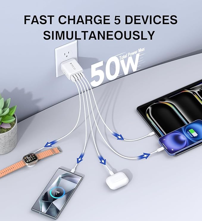 50W USB C Wall Charger Block, 2Pack 5-Port C Charger Fast Charging Block PD Power Adapter+QC 3.0 Multiport Type C Box Brick Cube USB A Wall Plug for iPhone 15/16/17 Pro Max Plus, iPad,Galaxy S24/S23