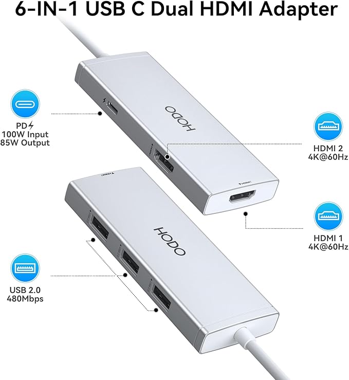 HODO USB C to Dual HDMI Adapter Docking Station Dual 4K 60Hz Monitor, USB C Hub with 2 HDMI, 2*USB A Port, PD 100W, Monitor Dock Compatible for HP Elitebook,Dell XPS 13 15 etc (Silver)
