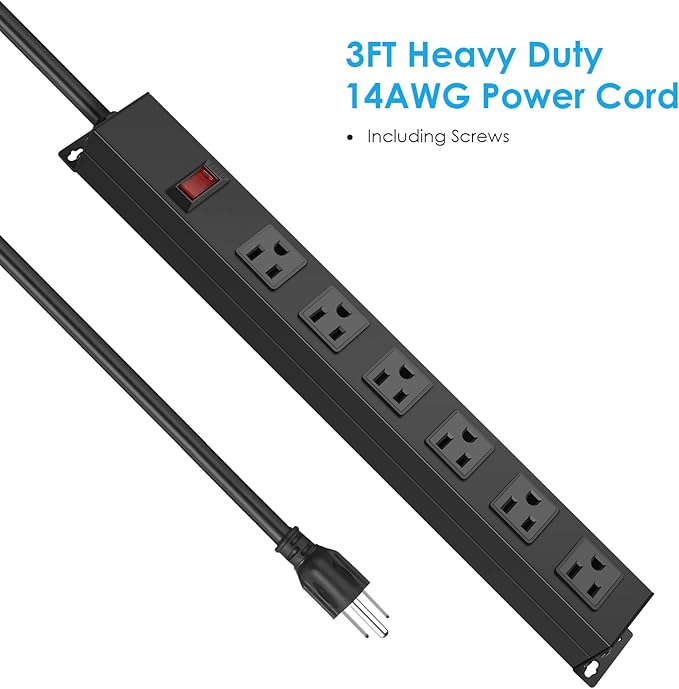 Metal Wall Mount Power Strip, Mountable Power Outlet with 6 AC Outlets, Aluminum Alloy Mount Power Socket with Switch, 3 FT SJT 3/C 14AWG Power Cord, 15A 125V 1875W (6AC) Black