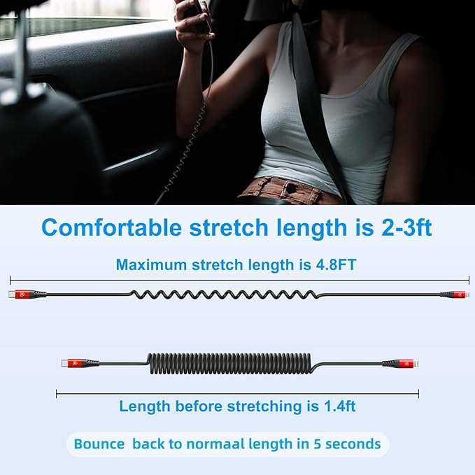 USB C to Lightning Cable, 2Pack 3FT Coiled Fast Charger for Car Type C to Lightning Cable Cord Compatible with 14 13 12 11 Pro Max Xr Xs 8 7 Plus Carlay-Red